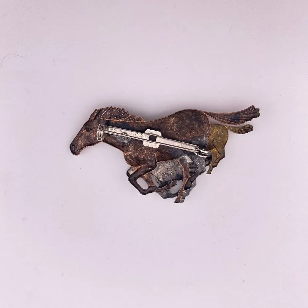 Horses Galloping Vintage Tri-Metal Brooch Pin